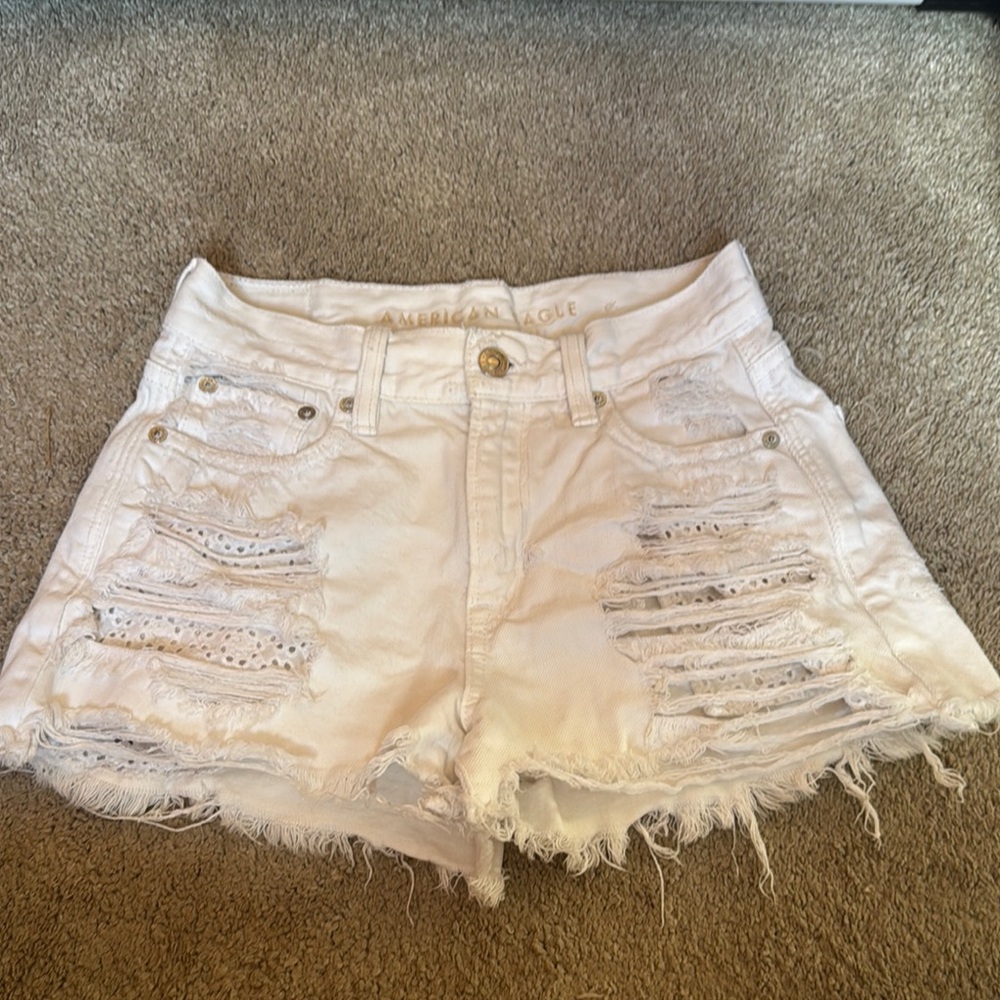 American Eagle Outfitters White Distressed Jean Shorts